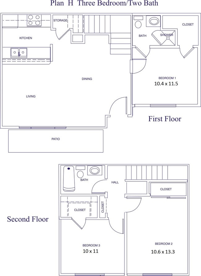 Plan H 3BR 1.5BA Townhome 1064SF - Bridgeport Apartment Homes