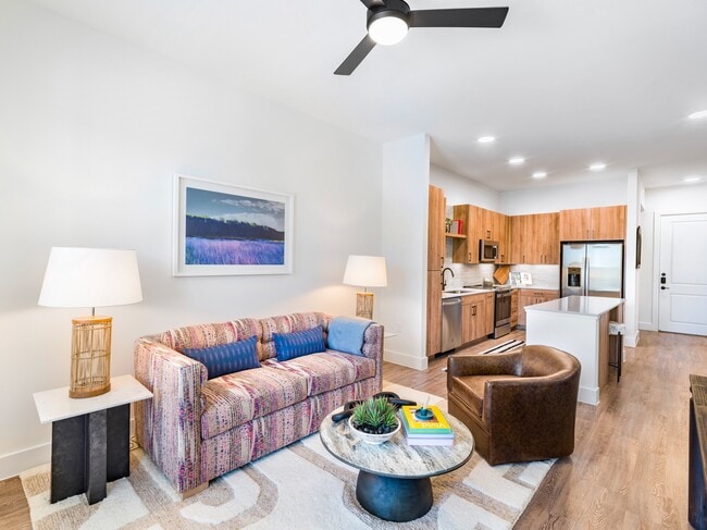 Experience the allure of Modera Trinity's dynamic floor plans, where gourmet kitchens boast quartz countertops, 42-inch custom cabinetry, vibrant under-cabinet lighting, and an open layout that effortlessly flows into the living area.
