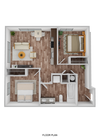 3D Floor Plan Rendering of the Arizona Two-Bedroom, One-Bathroom Layout. 775 square feet