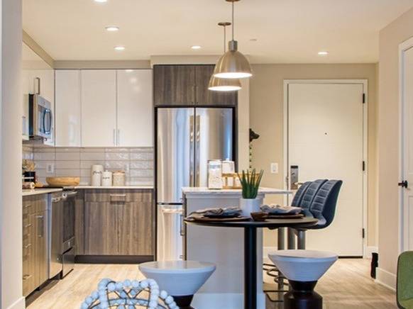 Designer Kitchen with Quartz Counter Tops, Stainless Steel Appliances and Wood-Style Flooring - Meridian on First Rental