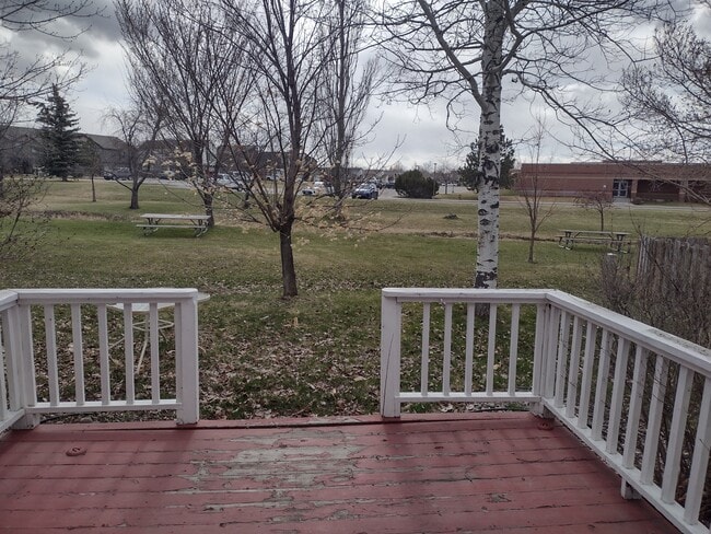 Backyard view of park and elementary school from one of the decks