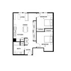 Modern floor plan featuring 2 spacious bedrooms, an open kitchen with dining area, cozy living space, and a well-appointed bath.