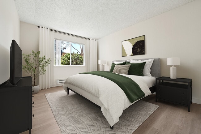 Renovated Package II bedroom with hard surface flooring - eaves Foster City