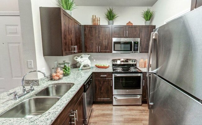 Apartments for Rent in Austin, TX Nolina Flats Kitchen With Stainless Steel Appliances, and Modern Dark Wood Cabinets - Nolina Flats