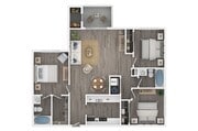 Plano del piso de tres dormitorios con dos baños