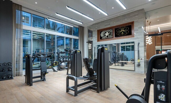 24-Hour fitness center with Echelon on reflect mirror and bikes, TRX, Skillmill and rower