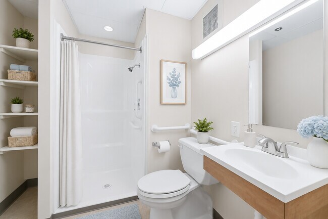 Clean Comtemporary Bathrooms at Rainbow Place