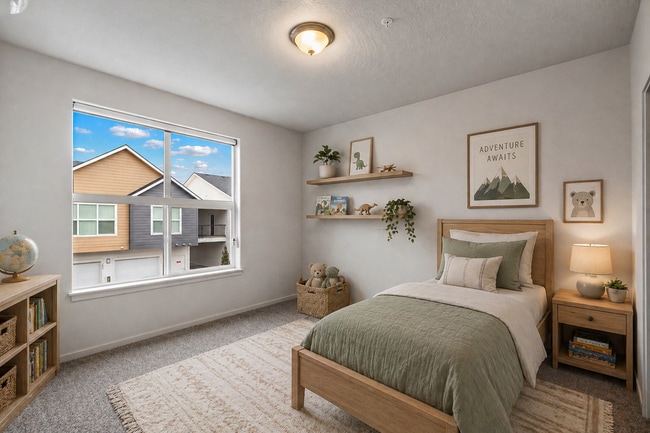 Inviting bedroom with plush carpet, soft lighting, and a large window offering a scenic neighborhood view.