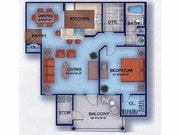 Plano de planta de 1 habitación, 1 baño con balcón