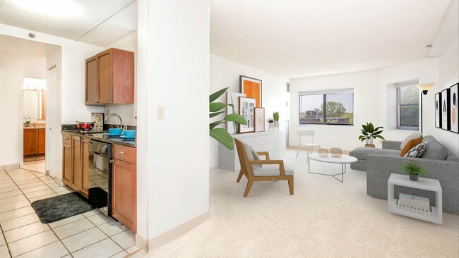 Kitchen and Carpeted Living Room