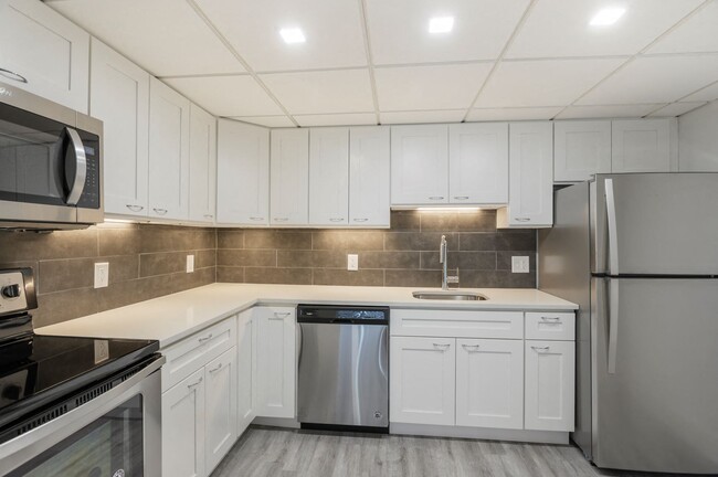 Renovated kitchen with stainless steel appliances - Lenox Club Apartments