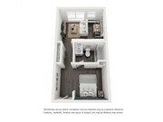 Studio apartment home. Bedroom and kitchen/living space are seperated by a hallway and bathroom. Tons of kitchen cabinet space and large bathrooom. 380 sqft. (does not have a dishwasher, will utilize on site laundry facility located on every floor)