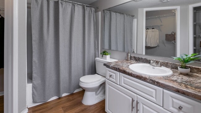 This thoughtfully designed bathroom offers plenty of counter space, a large mirror, and direct access to ample closet storage.