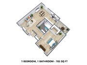 1 Bedroom, 1 Bathroom - 765 Square Feet