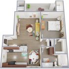 Explore the chic layout of this open-concept, one-bedroom apartment designed for modern living.