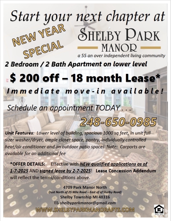 NEW YEAR SPECIAL:  2 BED / 2 BATH LOWER LEVEL UNITS! - Shelby Park Manor Apts - 55 & OVER