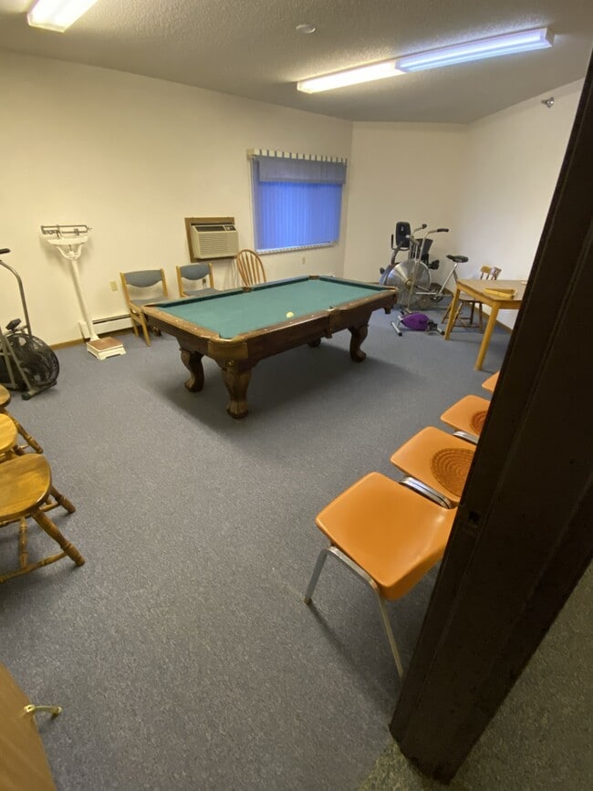 Mesa de billar y gimnasio en las instalaciones.