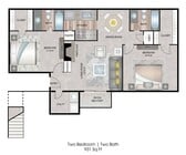 Two Bedrooms, Two Bathrooms, 931 sqft, Patio/Balcony, Laundry Room with Full-Size Washer/Dryer Connections, Fireplace, Two Walk-in Closets
